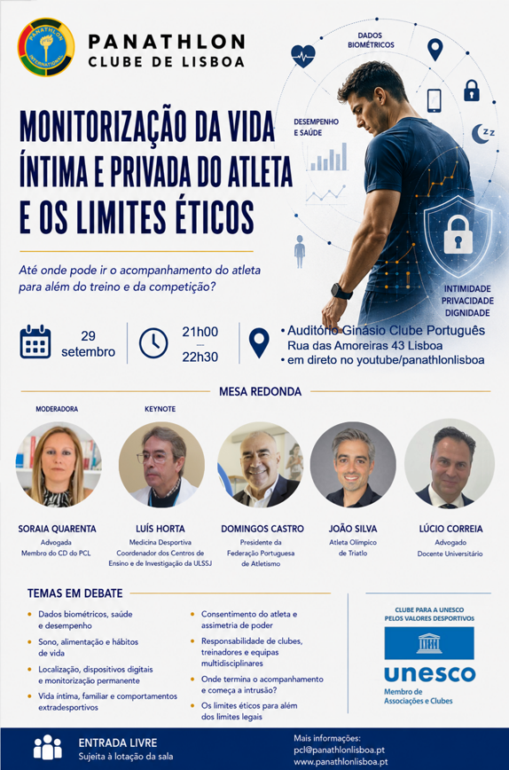 Cartaz da sessão sobre monitorização e ética do atleta, Panathlon Clube de Lisboa
